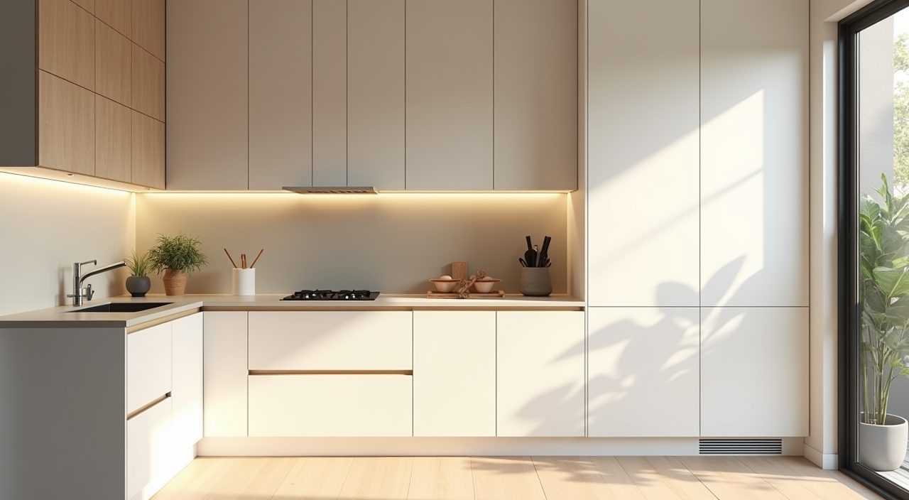 Full height handleless cabinets to the ceiling in a light minimalist Singapore HDB kitchen maximising vertical storage