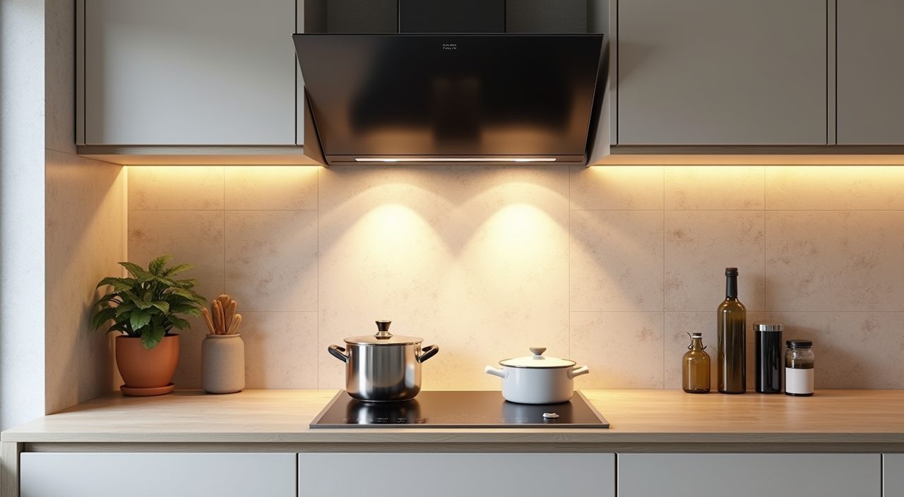 Slim ducted extractor hood over the hob with a low grout slab backsplash in a compact Singapore kitchen