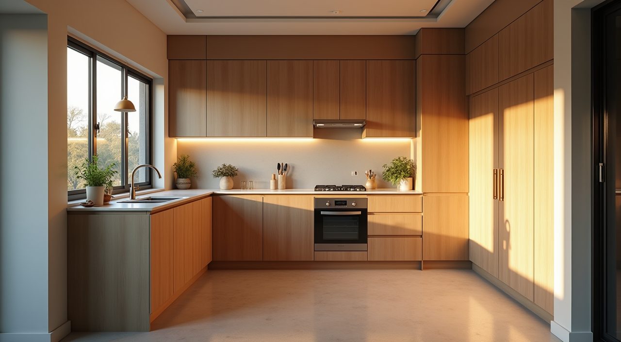 Warm wide mood shot of a finished light small Singapore HDB kitchen at golden hour