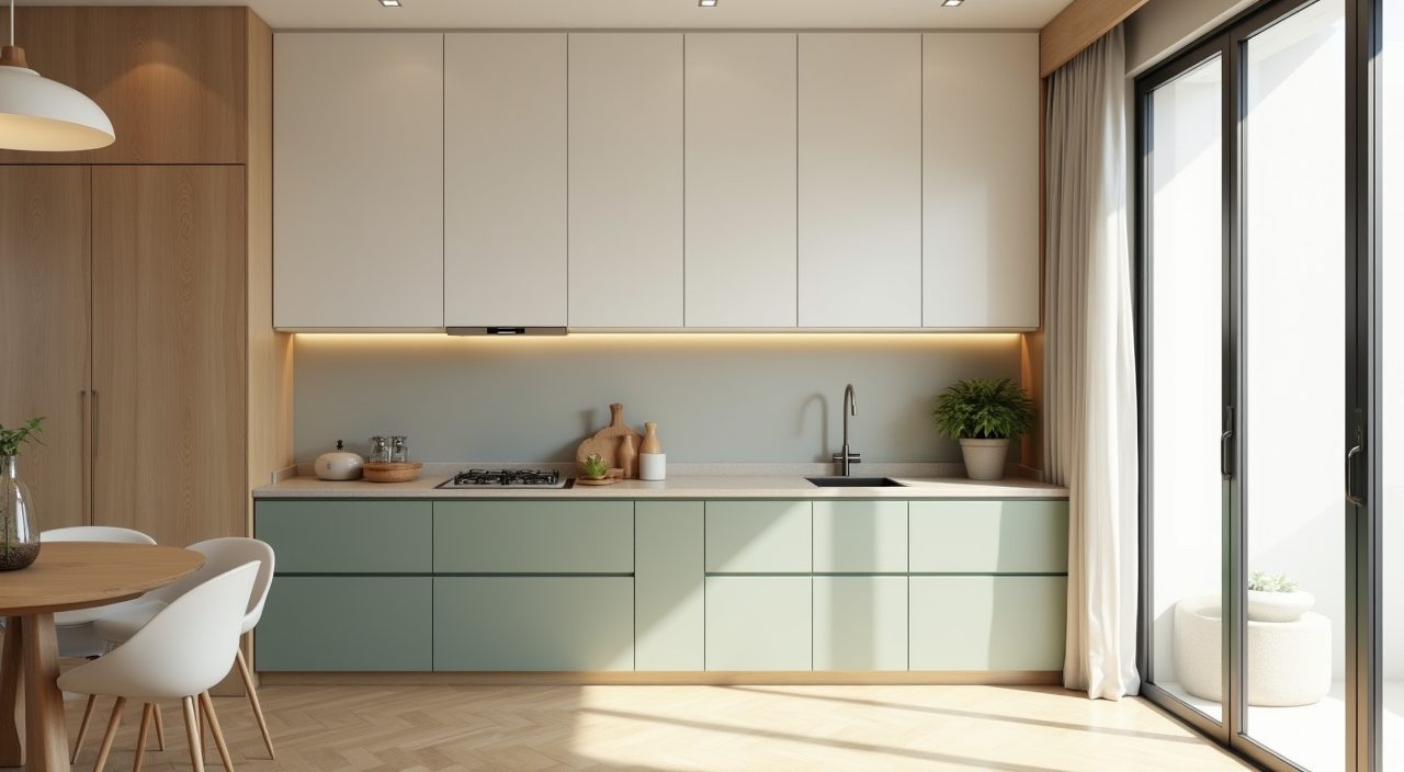 Light warm low contrast Singapore kitchen palette with a single muted green accent cabinet run