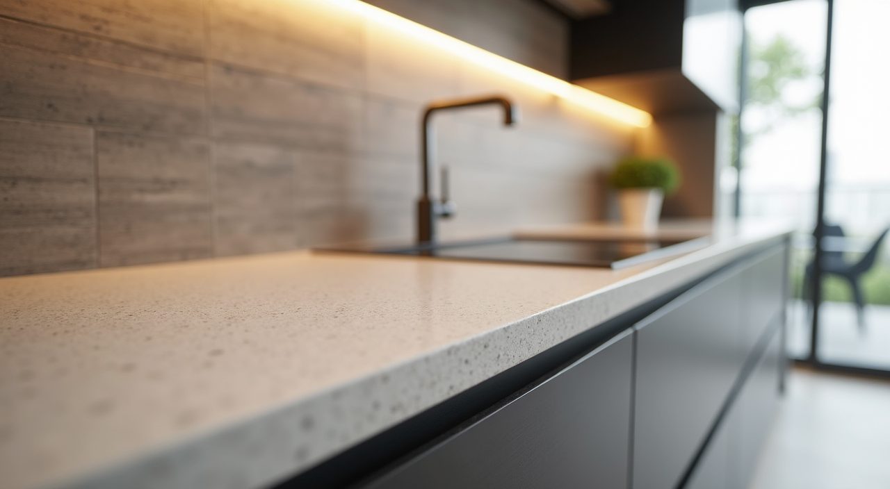 Close up material detail of matte quartz worktop and large format tile backsplash in a Singapore kitchen