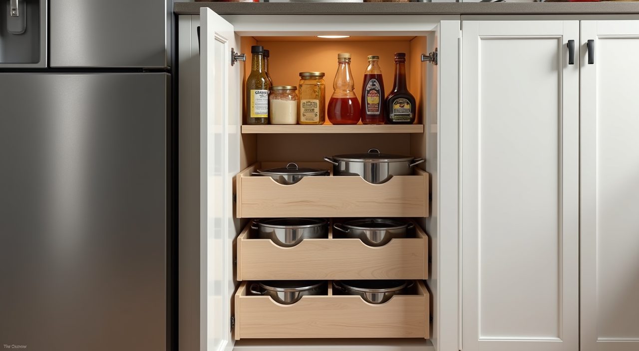 Tall narrow pull out storage and divided deep drawers in a light Singapore HDB kitchen turning dead gaps into storage