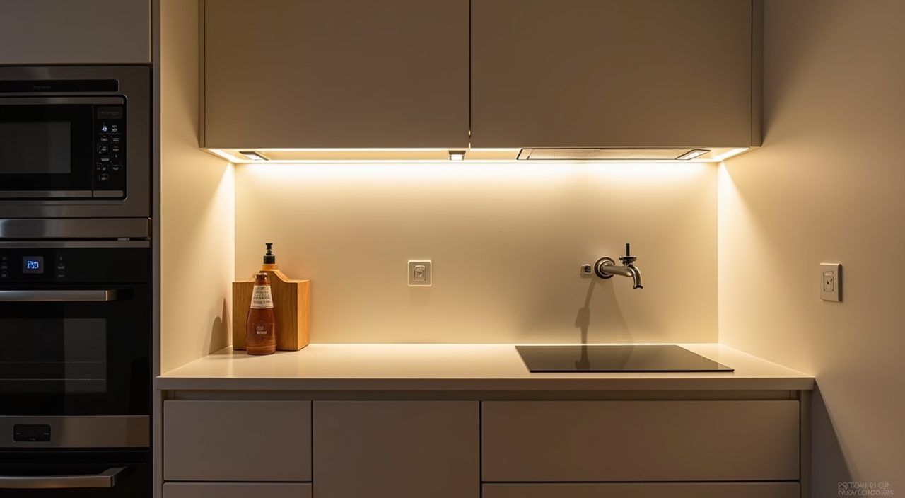 Under cabinet task lighting detail lighting the worktop in a light modern Singapore kitchen