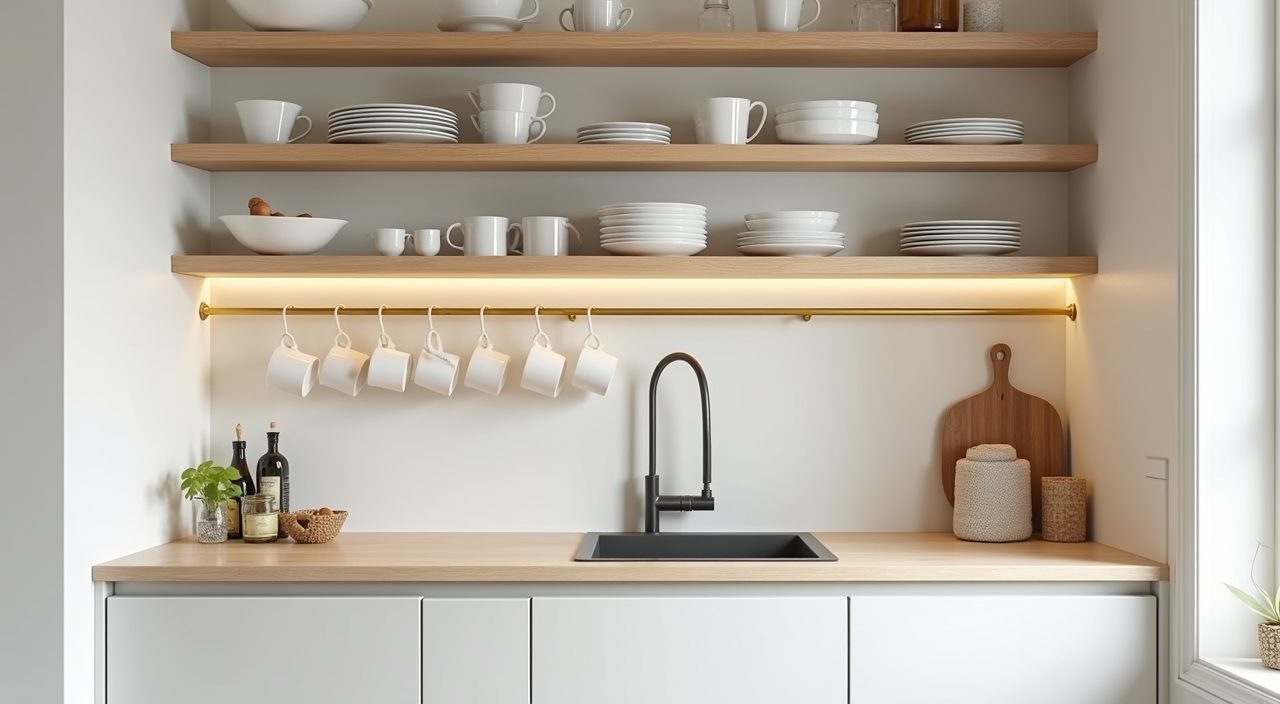 Curated open wood shelving and slim backsplash rail on one wall of a light Singapore kitchen