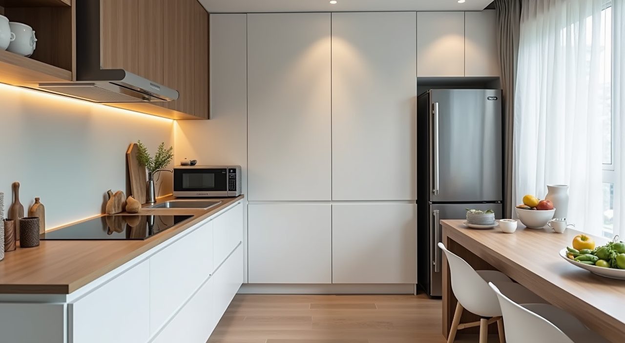 Right sized slim appliances integrated into a light compact Singapore HDB kitchen leaving free worktop
