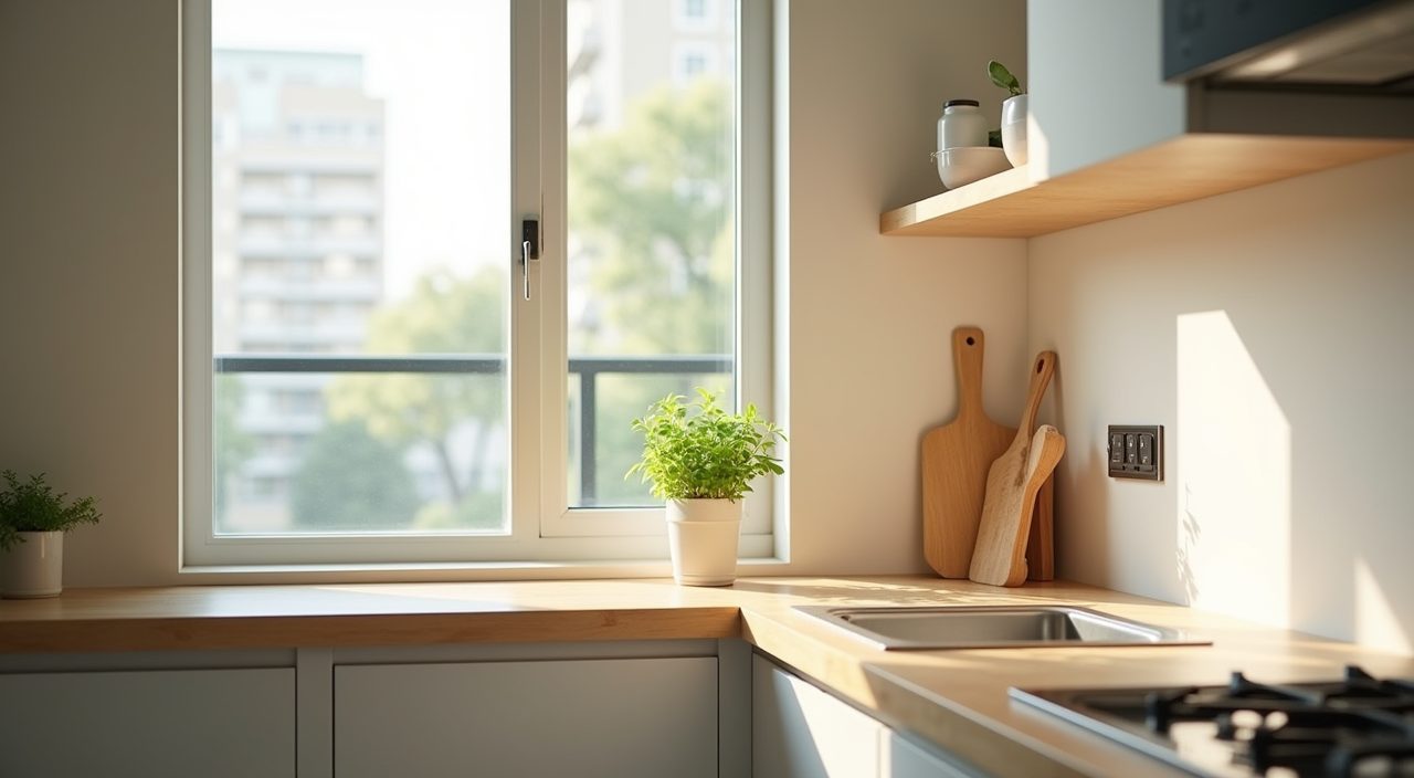 Bright corner nook with clear window sill borrowing daylight in a light Singapore HDB kitchen