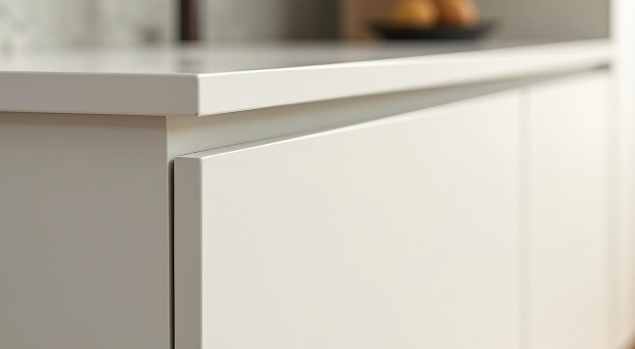 Close up of a matte handleless push to open cabinet front in a light minimalist Singapore kitchen