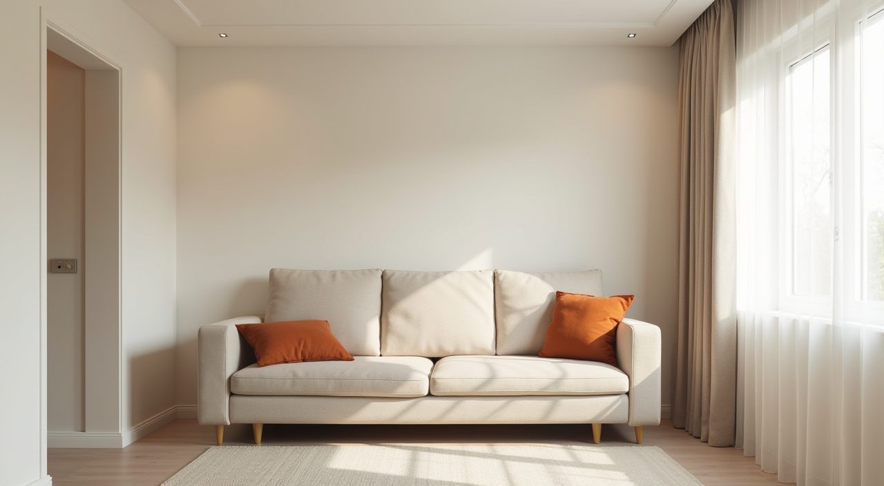 Warm greige small HDB living room in Singapore with continuous one tone light palette