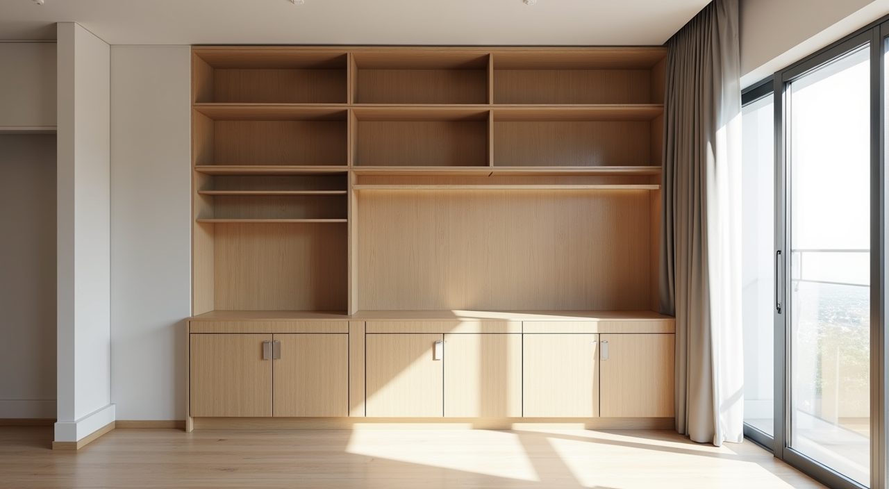 Full height built-in storage wall in a small Singapore living room with closed cabinets and open shelving