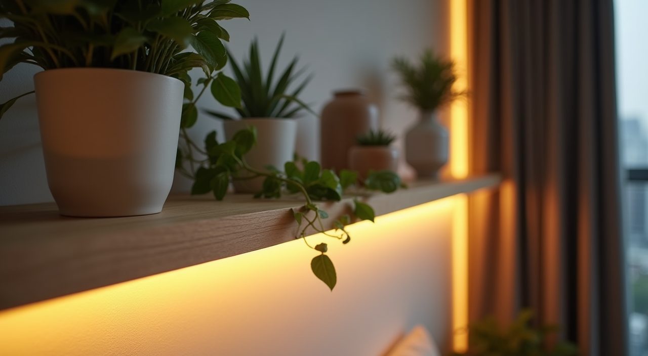 Styled open oak shelf detail with plant and warm LED glow in a small Singapore living room