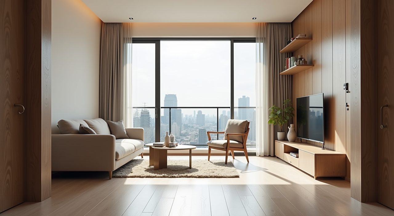 Wide doorway overview of a bright compact Singapore condo small living room feeling spacious