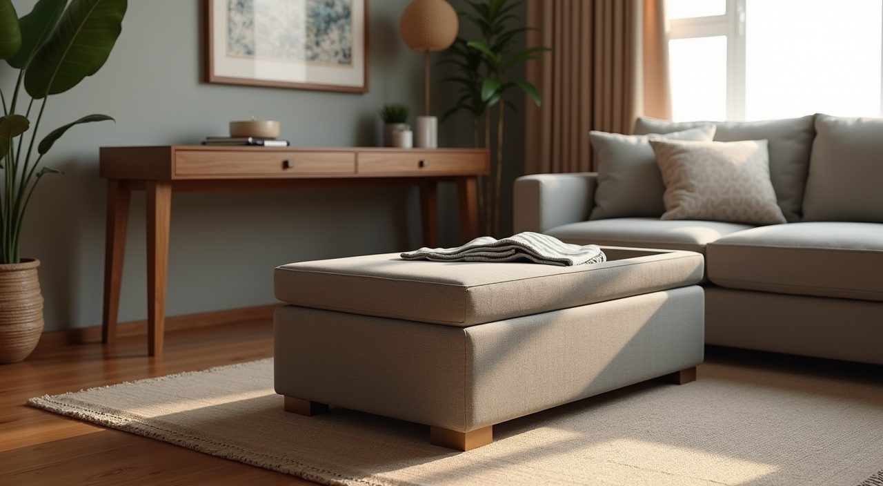 Multifunction storage ottoman and slim console desk in a small Singapore living-dining room
