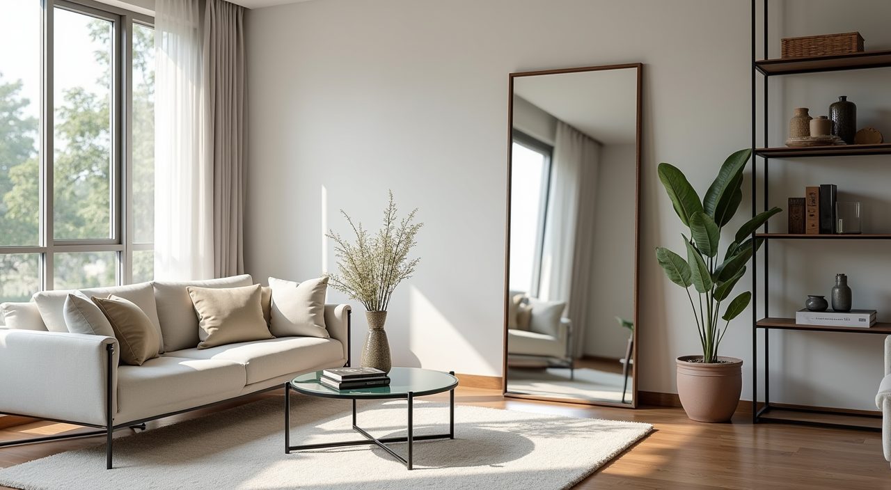 Large leaning mirror reflecting window light in a small Singapore living room with glass furniture