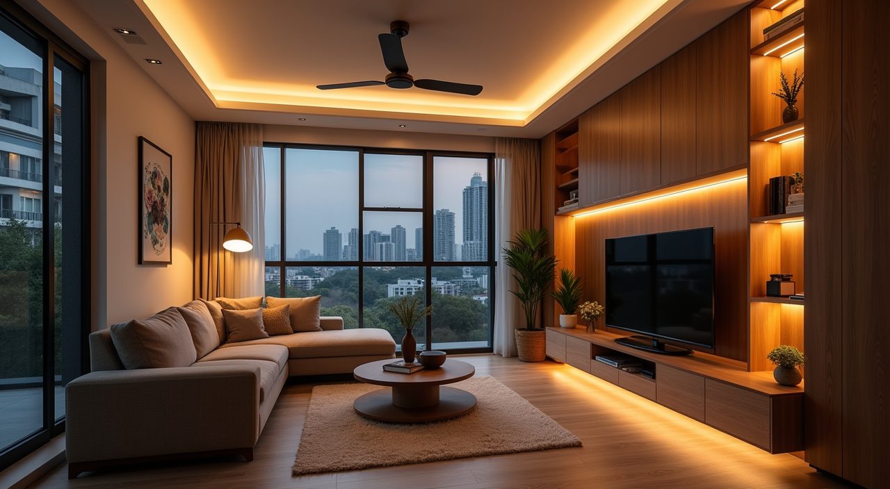 Layered warm evening lighting in a small Singapore living room with floor lamp and LED shelf strips