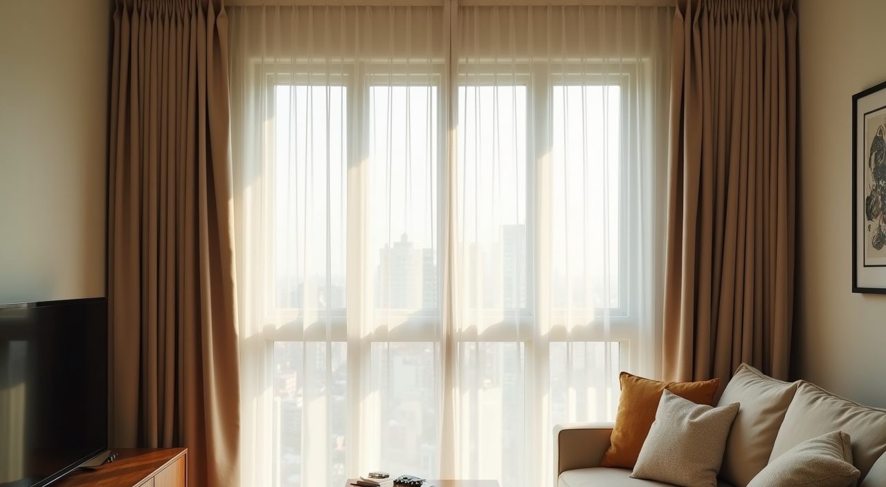 Layered sheer and blackout curtains managing tropical glare at a small Singapore living room window