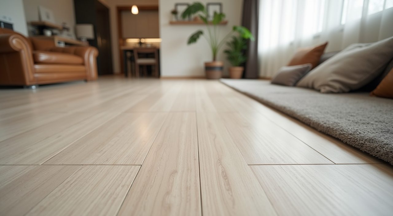Large-format porcelain tiles and timber-look laminate finishes in a small Singapore living room
