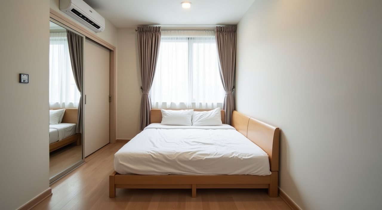 Light tonal small HDB master bedroom with a queen bed placed for clear walking space