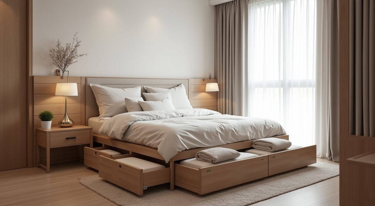 Custom platform bed with under bed storage drawers in a small Singapore master bedroom