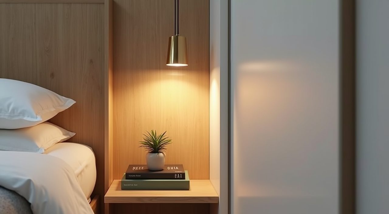 Cosy bedside nook with a slim pendant light and floating ledge in a small HDB master bedroom