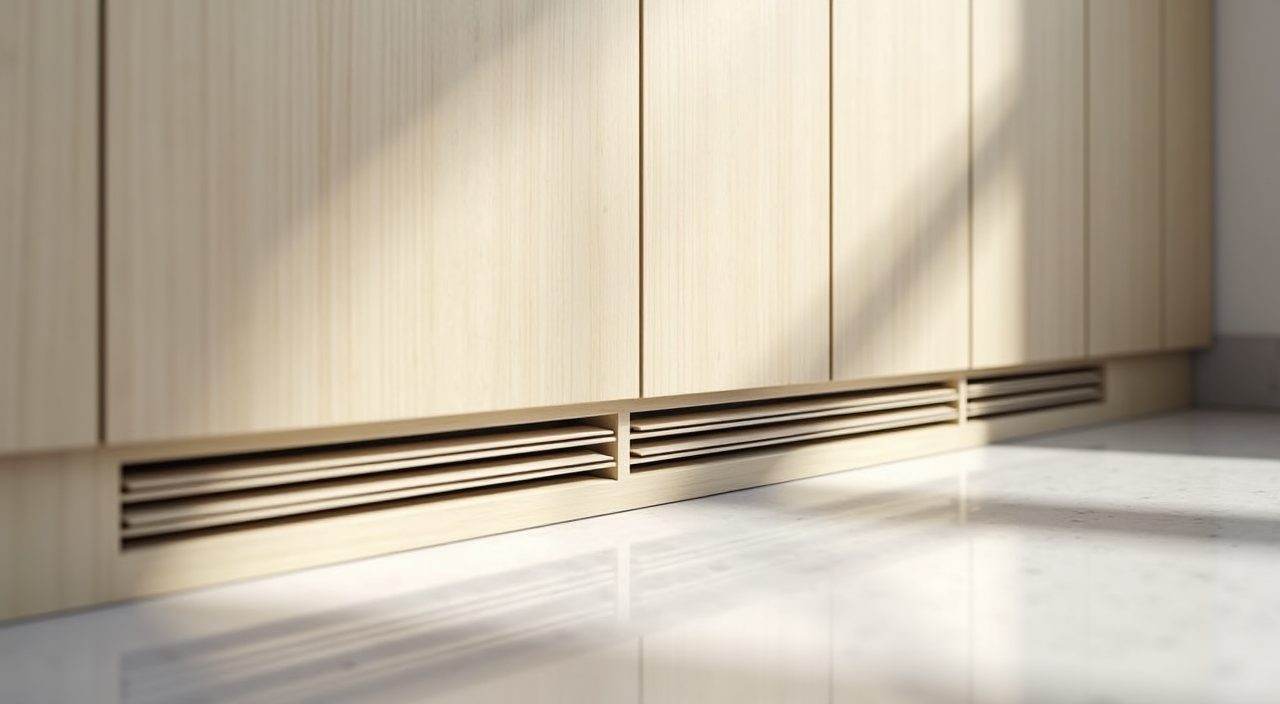 Louvred base ventilation detail on a built in wardrobe for humidity in a small HDB master bedroom