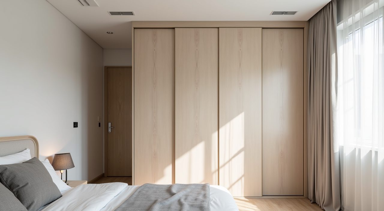Floor to ceiling built in sliding wardrobe in a light small HDB master bedroom