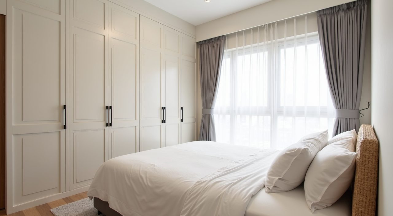 Small HDB master bedroom in a warm off white tonal palette with rattan headboard texture