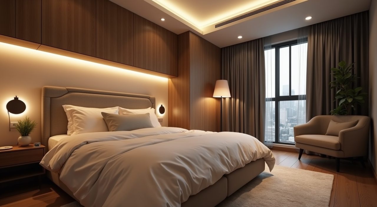 Layered warm white lighting with cove and bedside wall lights in a small HDB master bedroom