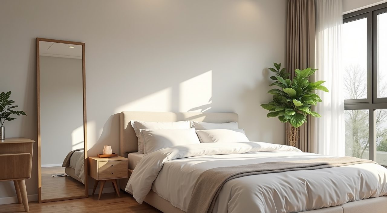 Large full length mirror reflecting window daylight in a small light HDB master bedroom