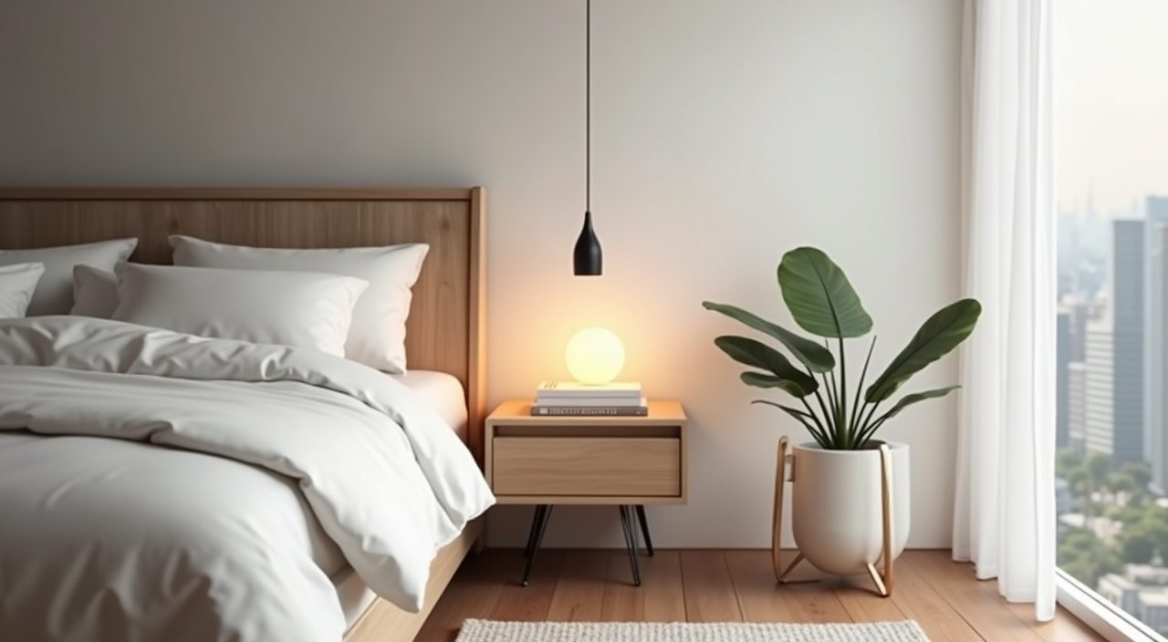 Slim wall mounted floating nightstand with clear floor in a small HDB master bedroom