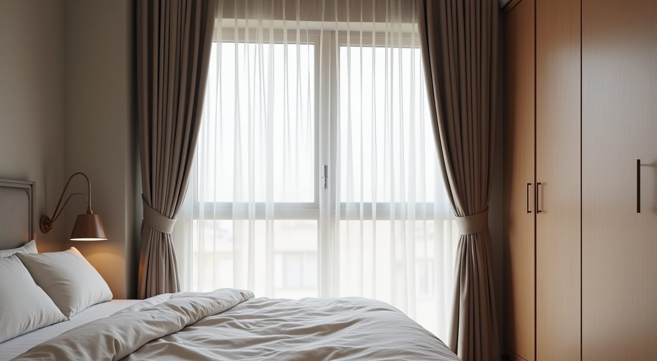 Ceiling mounted floor length sheer curtains filtering daylight in a small HDB master bedroom