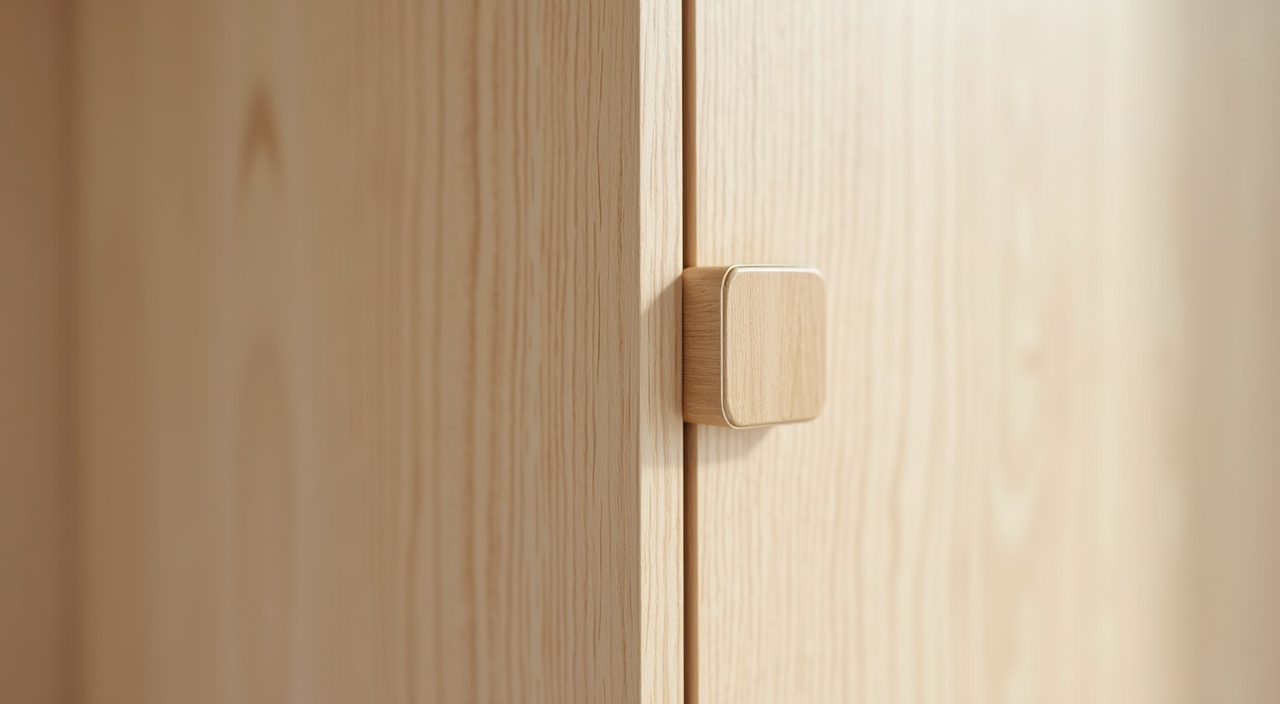 Close up of pale timber grain laminate wardrobe finish with soft close hinge, humidity friendly