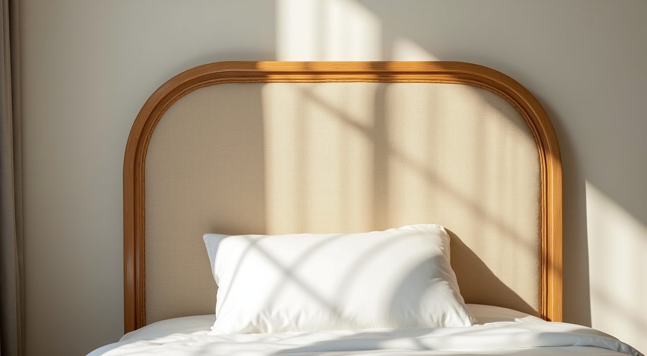 Rattan and fabric headboard texture detail against an off white accent wall in a small master bedroom