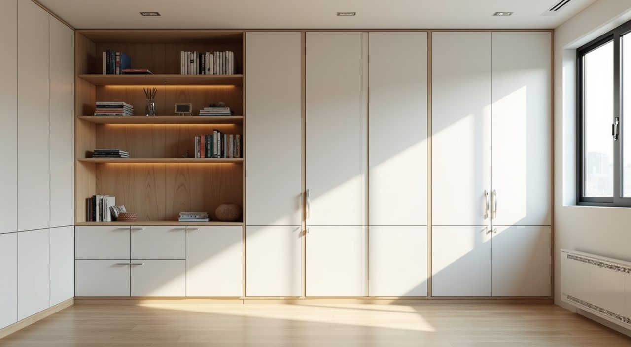 Small Singapore HDB study room with floor to ceiling built in shelving in light matte oak laminate