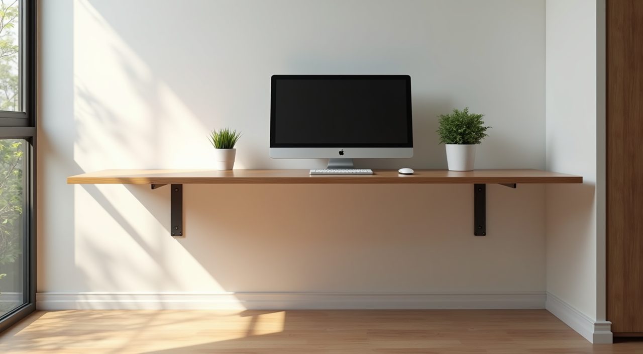 Floating wall mounted desk in a small Singapore study room showing open floor underneath