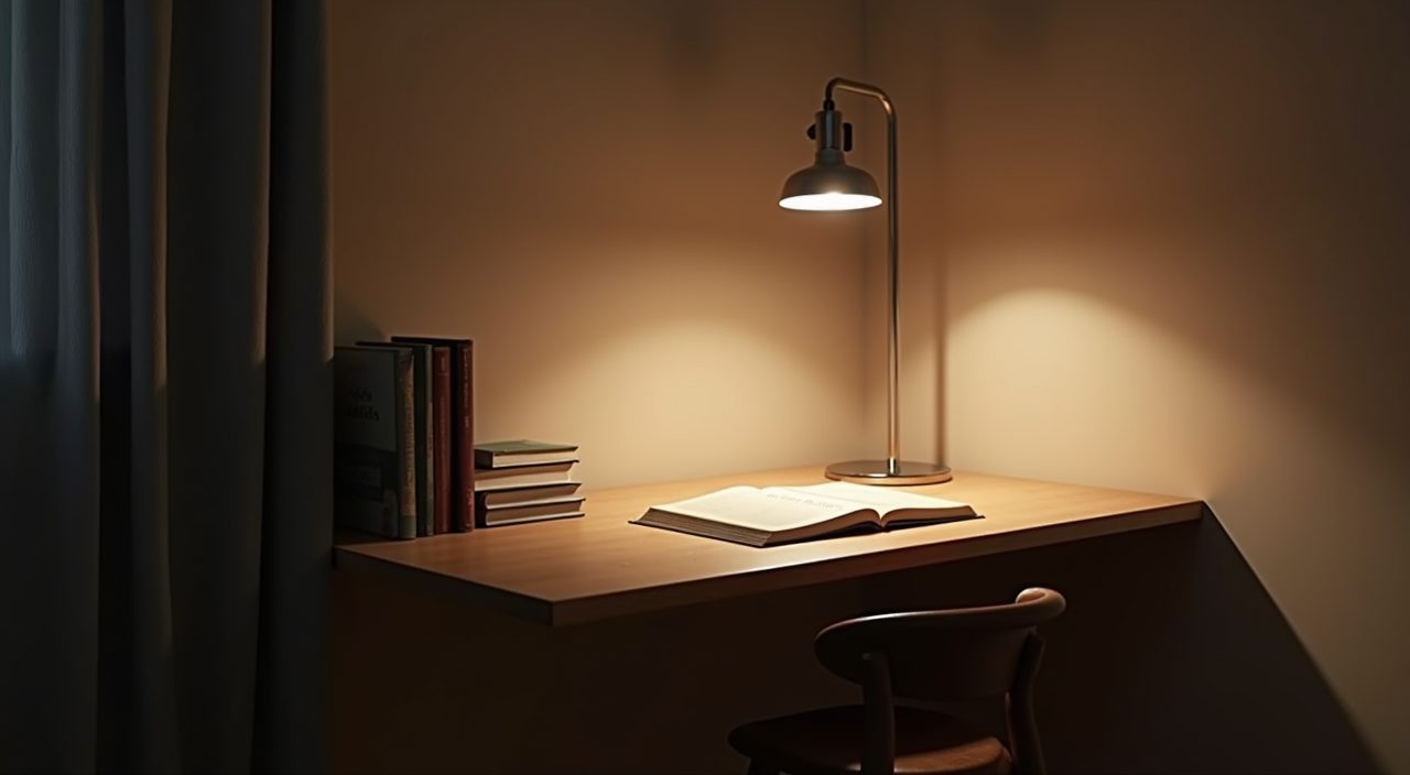 Small Singapore study corner as a calm night reading nook with warm dimmed lighting