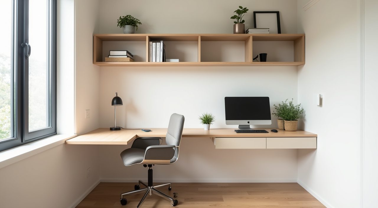 L shaped desk layout with a printer zone in a small Singapore HDB study room