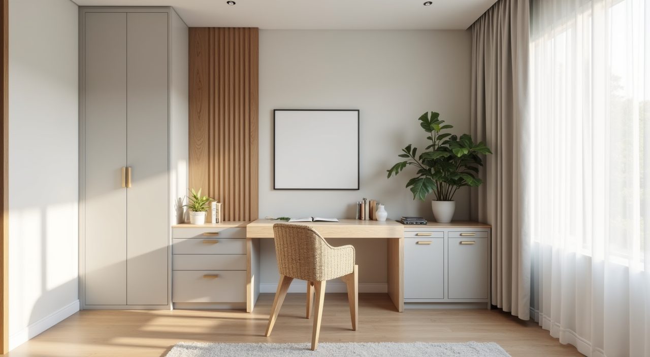Small Singapore study room in a light matte low contrast palette with a fluted timber accent panel