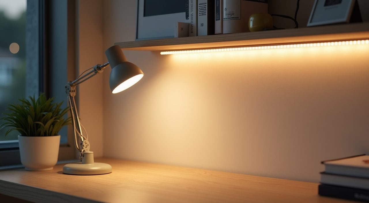 Layered task lighting detail with under shelf LED strip over a desk in a small Singapore study