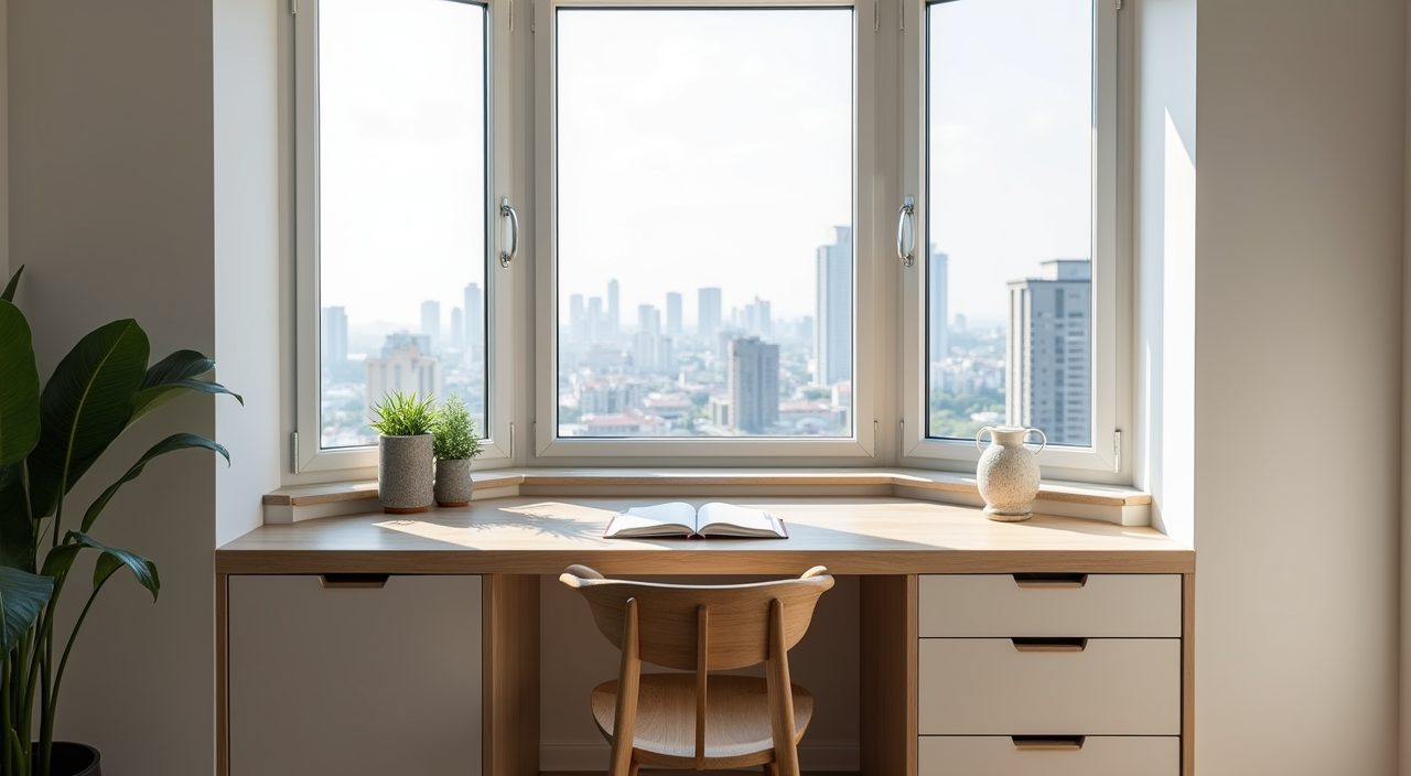 Singapore condo bay window converted into a study desk nook with a city view and built in drawers