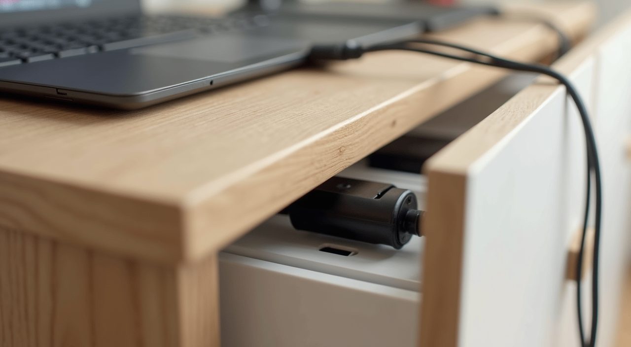 Cable management desk grommet and hidden channel detail in a tidy small Singapore study