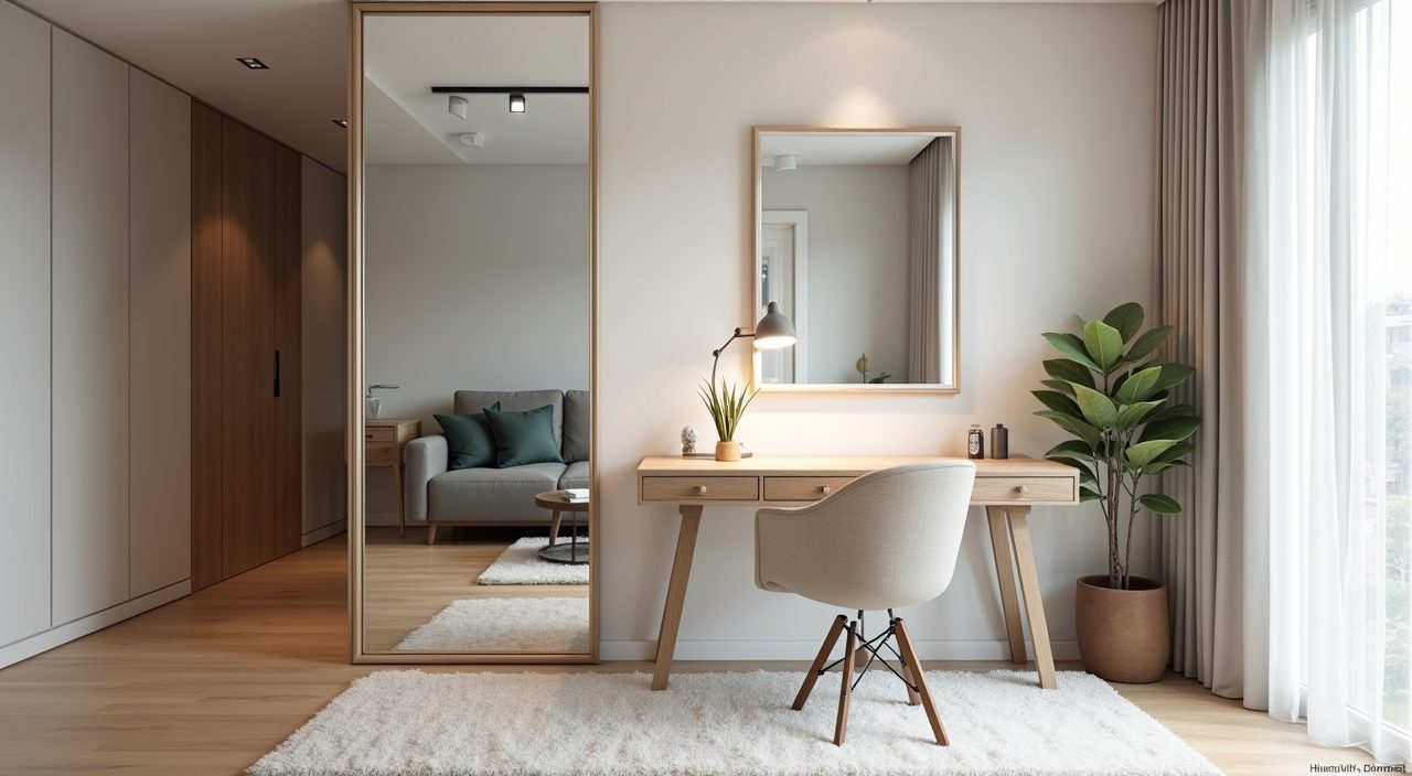 Small Singapore condo study with glass partition and mirror borrowing light and space