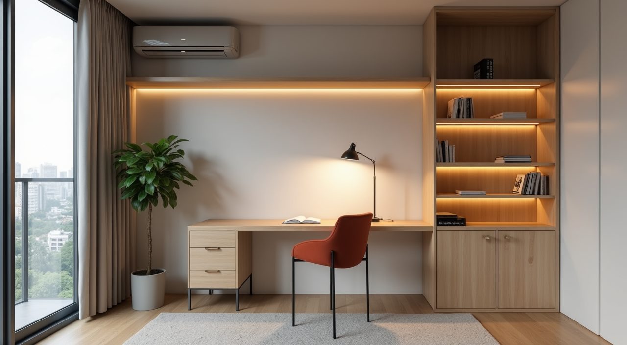 HDB bomb shelter converted into an enclosed small study with freestanding desk and shelving