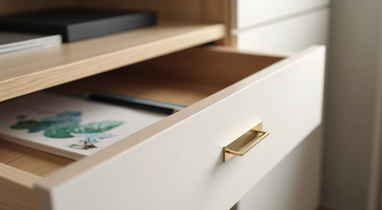 Soft close drawer and recessed handle detail on pale oak study cabinetry in Singapore