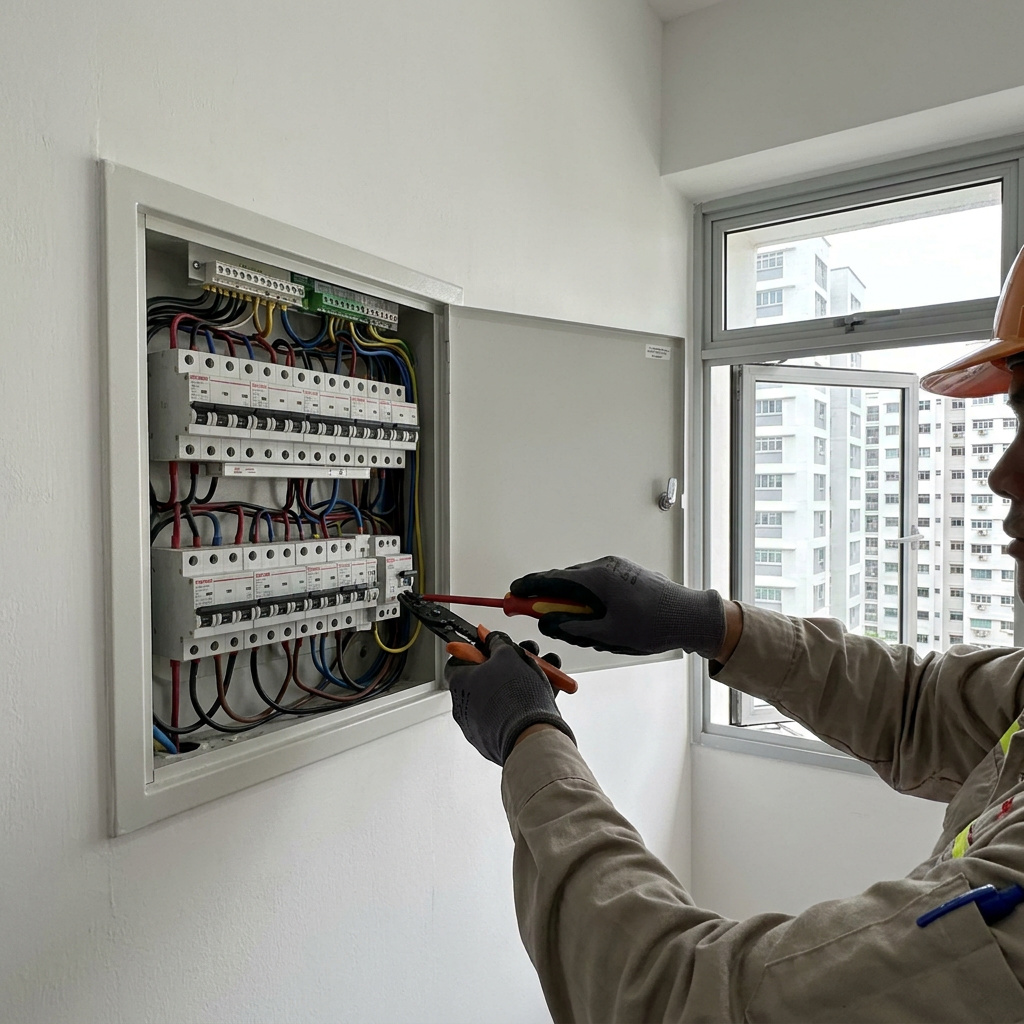 Electrician installing a distribution board in a Singapore home