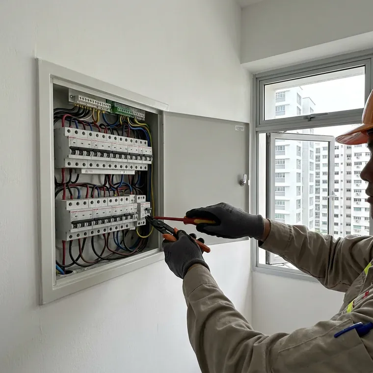 Electrician installing a distribution board in a Singapore home